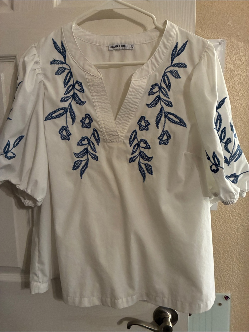 Embroidered White Peasant Tunic with Blue Floral Detail